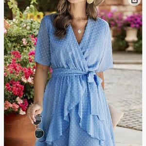 Fashion Faux V neck wrap dress . Baby blue great for easter or church dress.